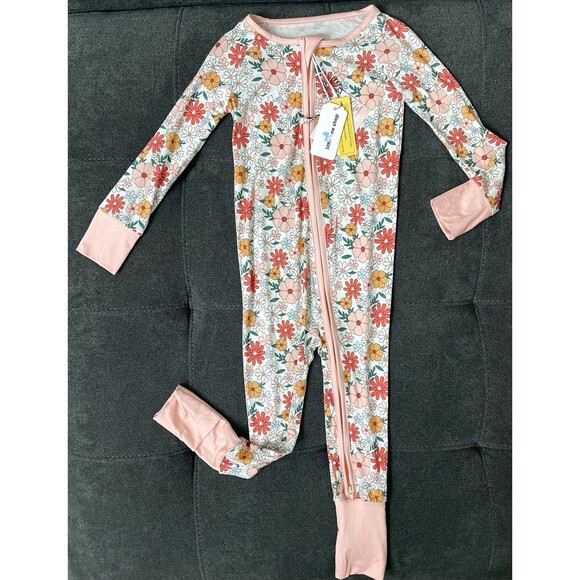 NWT's Little One Shop 2T Bamboo Pjs 2 Way Zipper Pink Floral Foldover Feet - Picture 1 of 6
